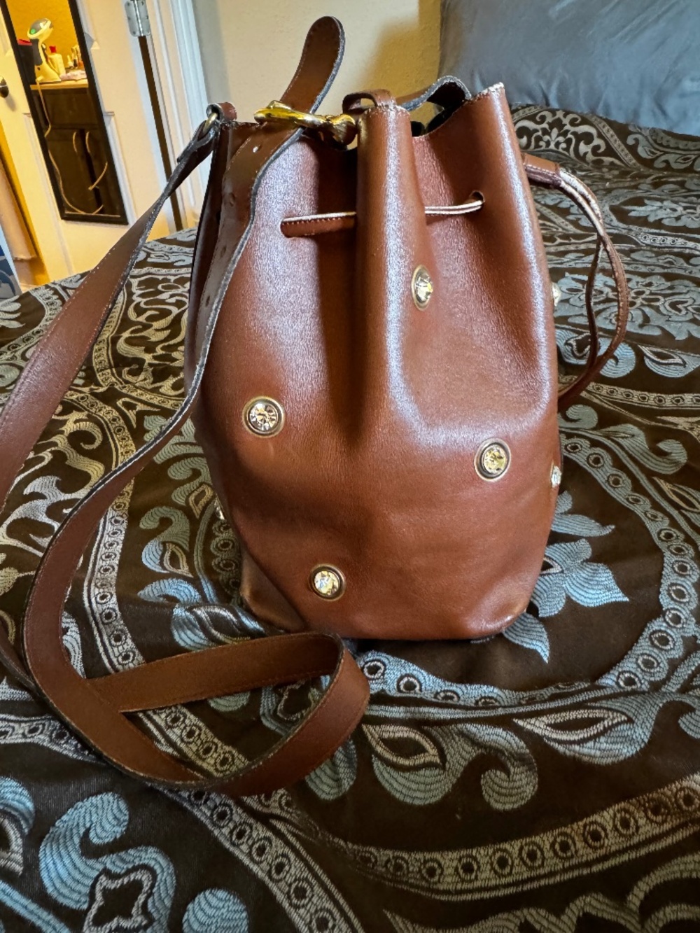 Vintage Sepcoeur Paris Studded Brown Leather Bucket Bag